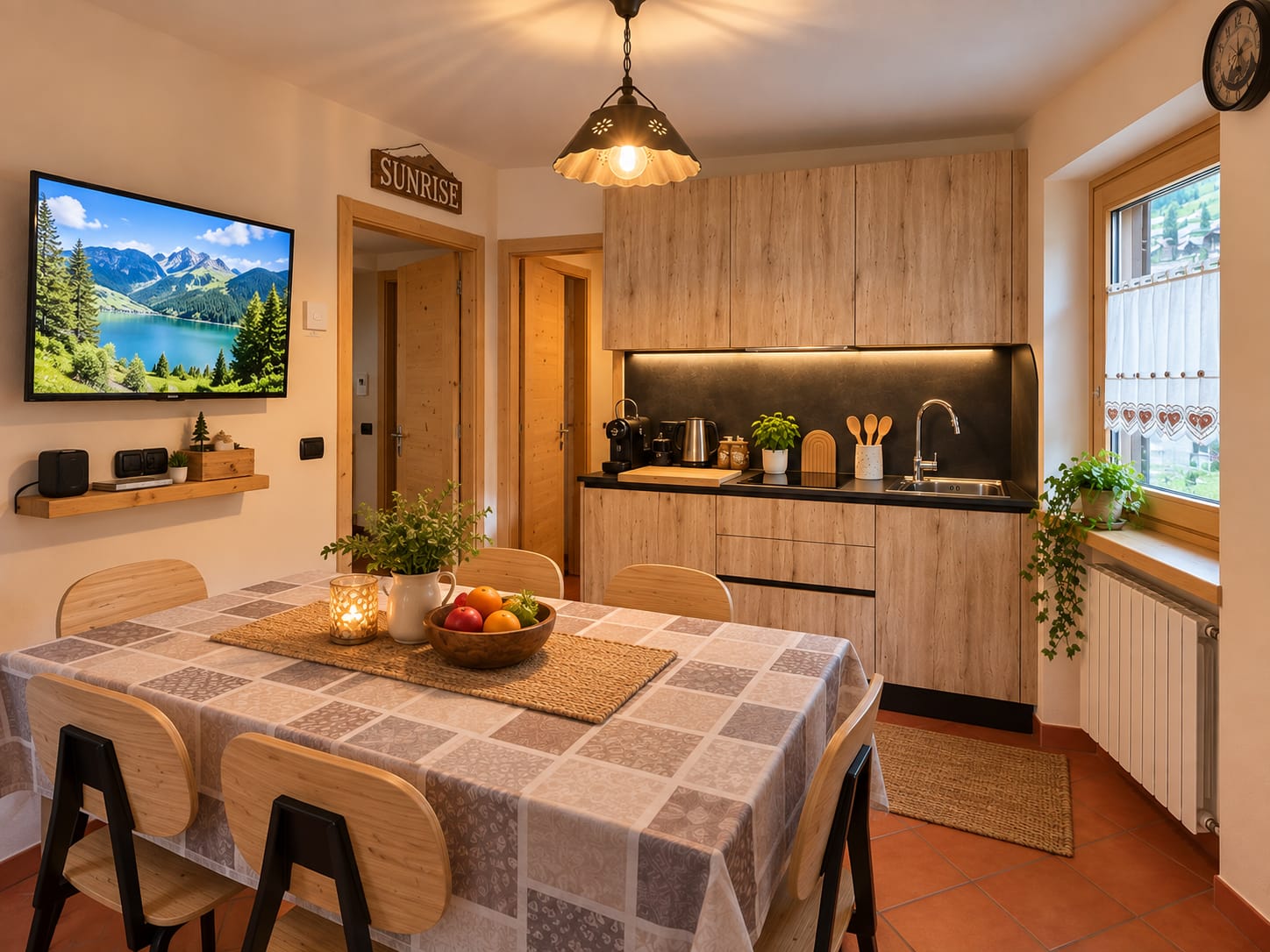Cucina e sala da pranzo di Sunrise Livigno, con arredi in legno e luce calda