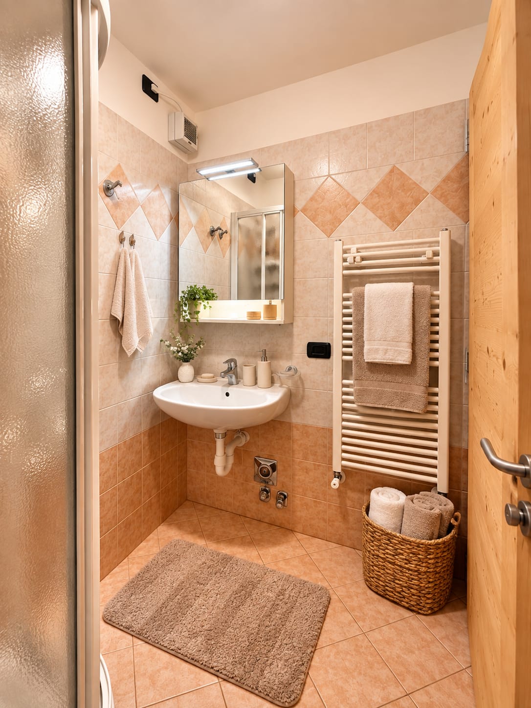 Bagno color terracotta con lavabo, doccia e scaldasalviette